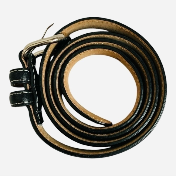 Unisex Belt TALBOTS Black White Seam Genuine Leather Belt Silver Buckle Belt - Picture 2 of 5